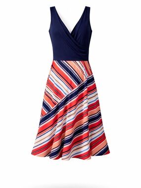 Haley 23 Striped Fit & Flare Dress M Navy Coral Surplice Vacation